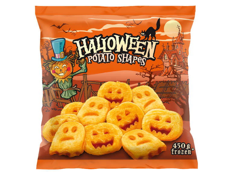 Formas de batata de Halloween, abóboras e fantasmas, num fundo laranja festivo.