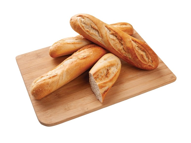 Baguetes e pães frescos numa tábua de cortar de madeira.