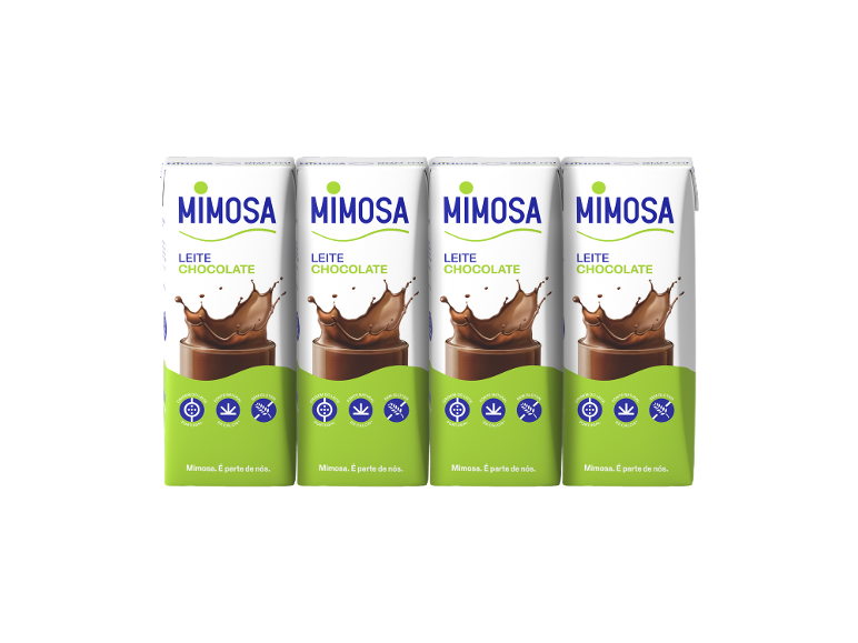 Quatro embalagens de leite com chocolate com a inscrição “Leite Chocolate” e o slogan “É parte de nós”.
