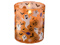 Suporte de vela laranja com motivos de Halloween: fantasmas, aranhas, morcegos e vassouras.