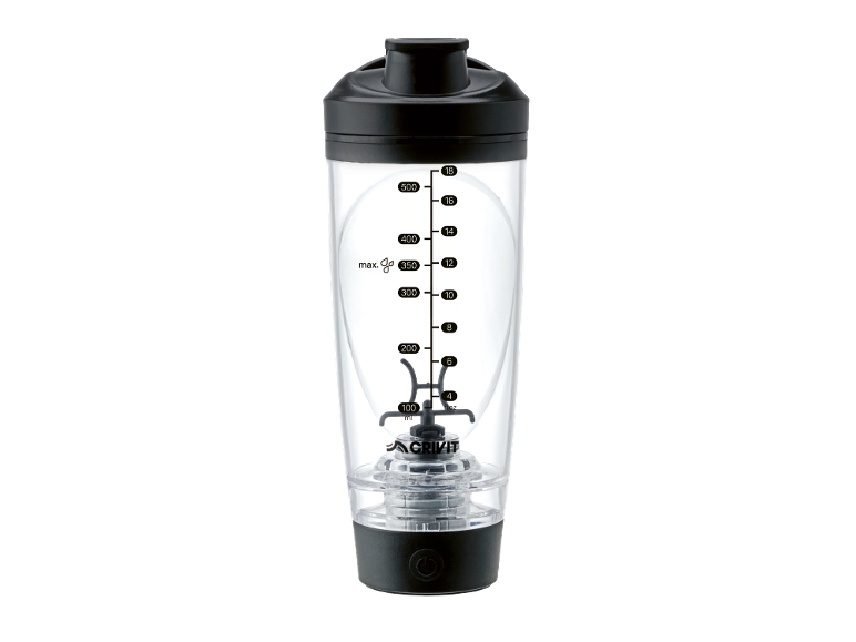 Shaker transparente com tampa e base pretas, com marcações de medida até 500 ml.