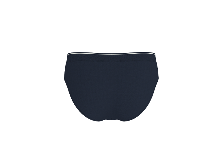 Cuecas masculinas azul-escuras com uma risca branca na cintura, vista traseira.