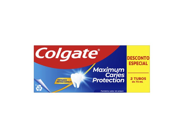 Embalagem de dois tubos de pasta de dentes para proteção contra a cárie.