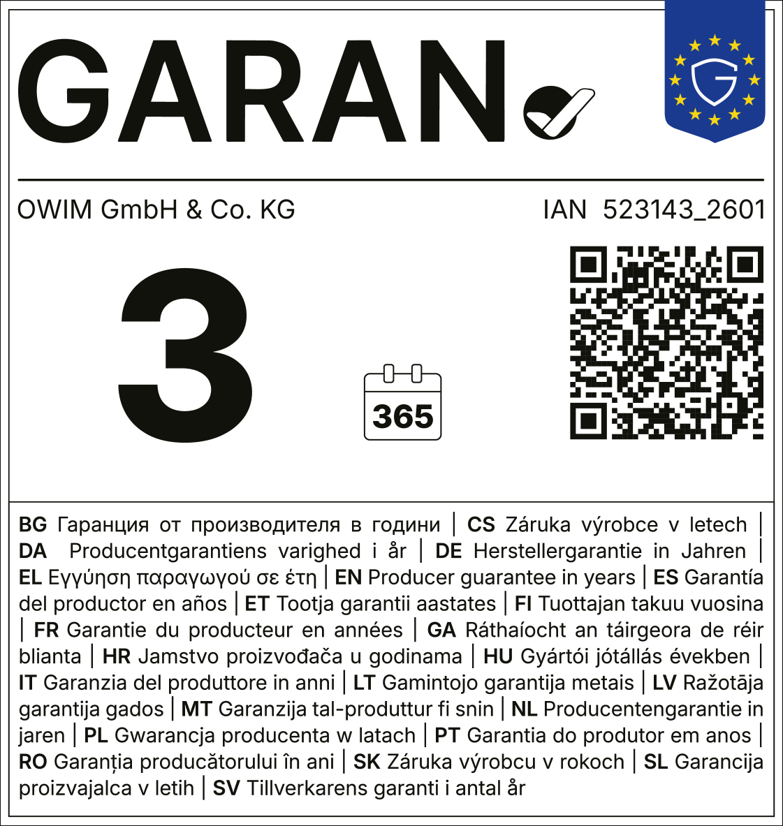 Garantia 3 anos, 365 dias. Fabricante: OWIM GmbH & Co. KG. IAN: 523143_2601.