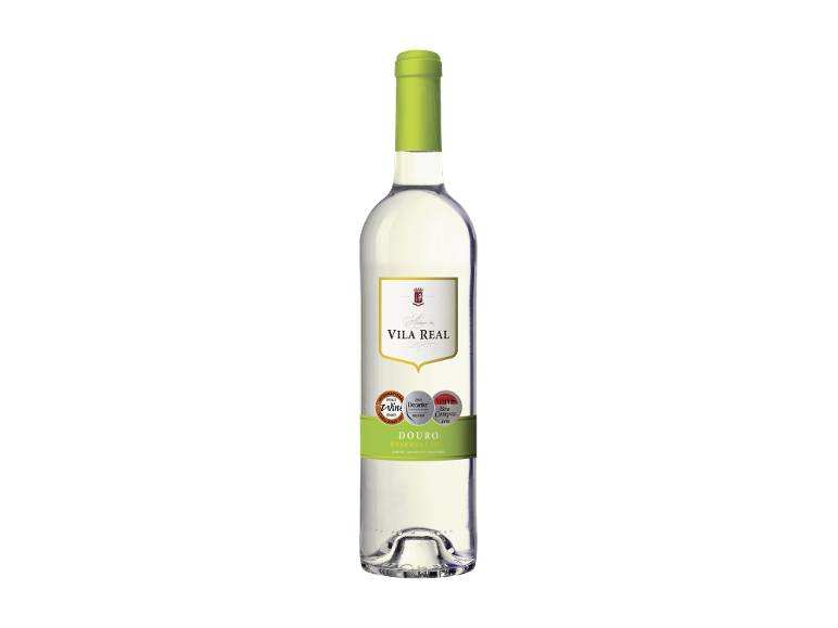 Garrafa de vinho branco com tampa verde e rótulo, com prémios e texto.