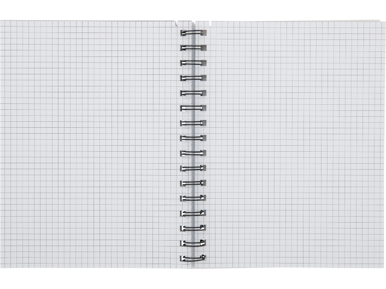 Caderno aberto com espiral e páginas quadriculadas.