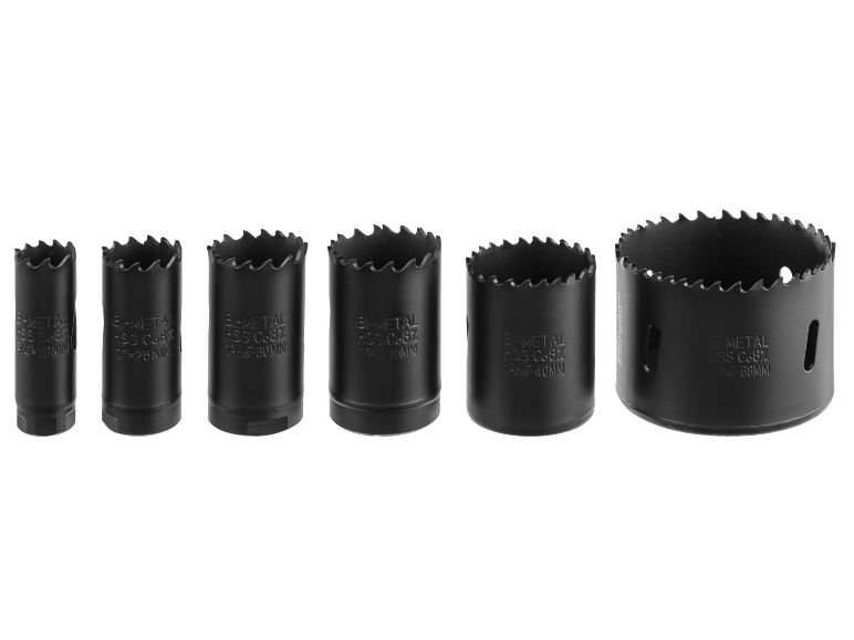 Conjunto de serras copo bimetálicas HSS Co8% em vários tamanhos, de 19mm a 68mm.