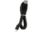 Cabo USB-A para USB-C preto com abraçadeira branca.