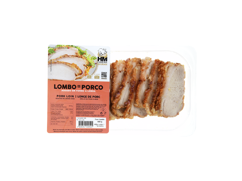 Lombo de porco assado embalado com pele crocante, pronto a aquecer, com informação nutricional.
