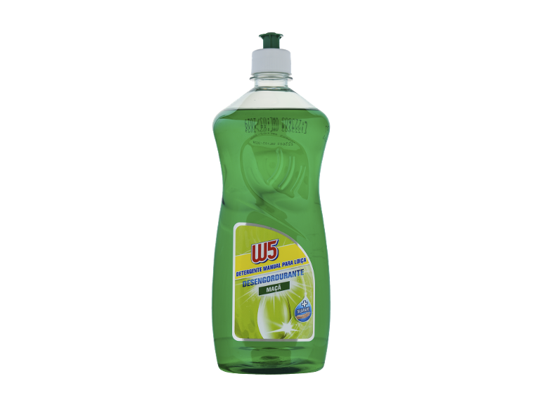 Líquido lava-loiça verde com aroma a maçã, desengordurante, com a indicação 'SUAVE'.