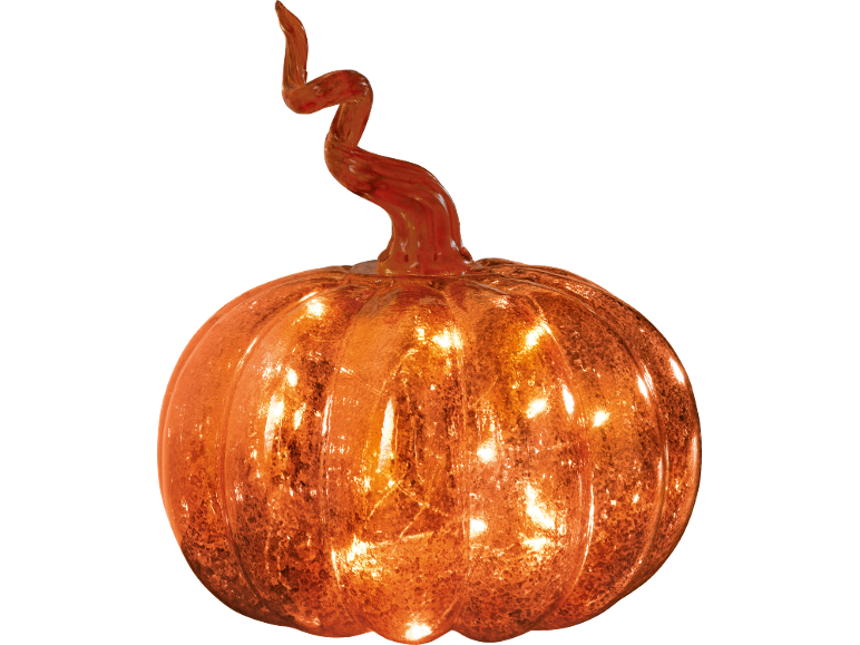 Abóbora de vidro laranja iluminada com caule torcido sobre fundo preto.