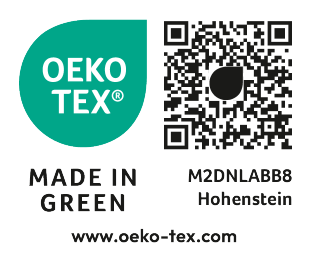 Selo OEKO-TEX MADE IN GREEN com código M2DNLABB8 Hohenstein e QR.