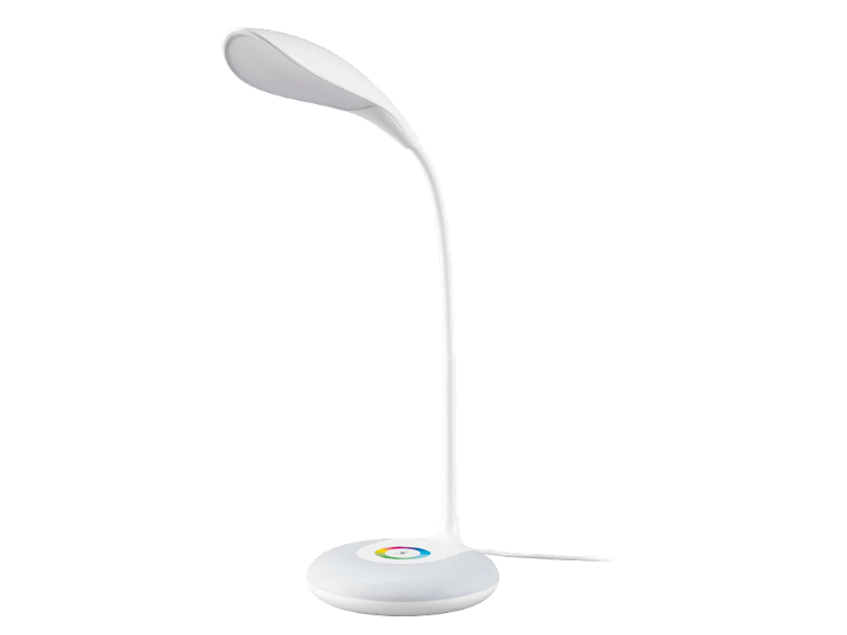 Candeeiro de secretária LED branco com braço flexível e base com círculo de cor.