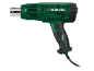 Pistola de ar quente verde com cabo preto e bico prateado.