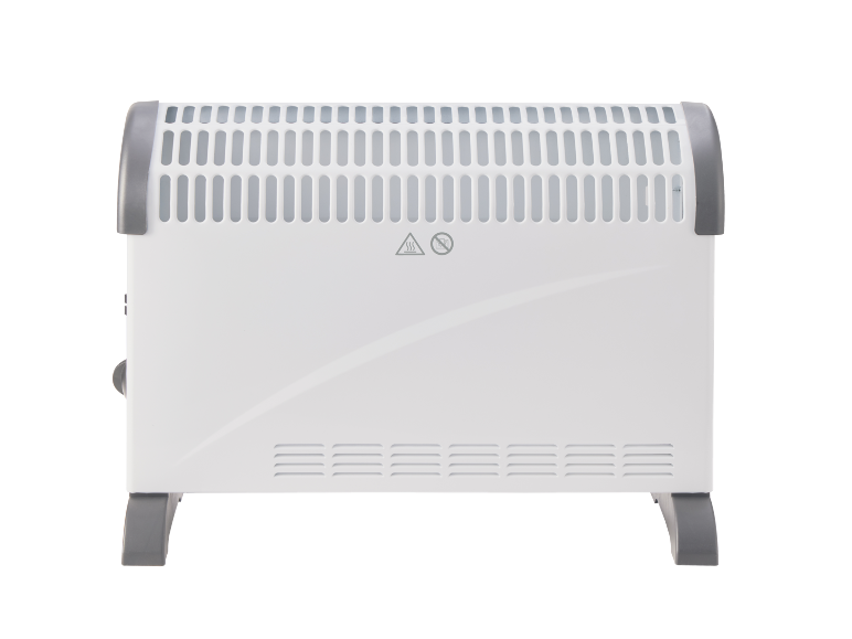 Aquecedor elétrico de convecção branco com grelhas de ventilação e pés cinzentos.