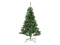 Árvore de Natal artificial verde com base de metal, sobre fundo preto.