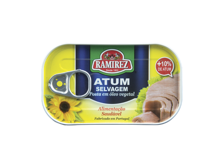 Lata de atum com mais 10% de atum, atum selvagem em óleo vegetal.