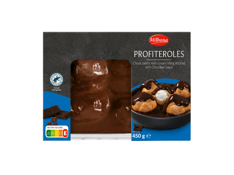 Profiteroles Milbona com recheio de natas e molho de chocolate, 450g