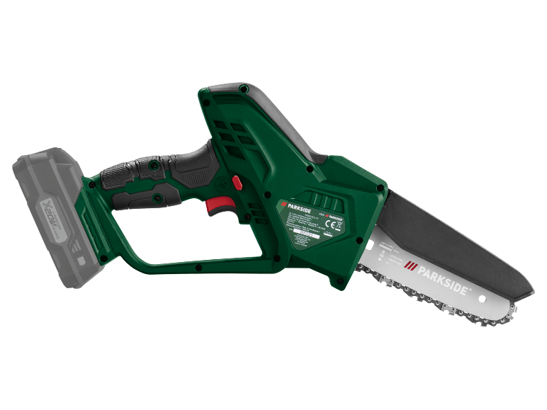 Motosserra a bateria verde com bateria cinzenta, lâmina de 150 mm e corrente.