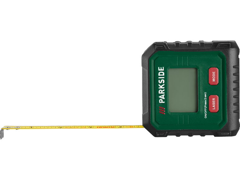 Fita métrica digital com laser e ecrã, com botões vermelhos de modo e laser.