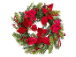 Coroa de Natal com flores vermelhas, bagas e ramos verdes em fundo preto.