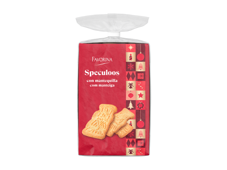 Biscoitos Speculoos de manteiga numa embalagem vermelha com decorações de Natal.
