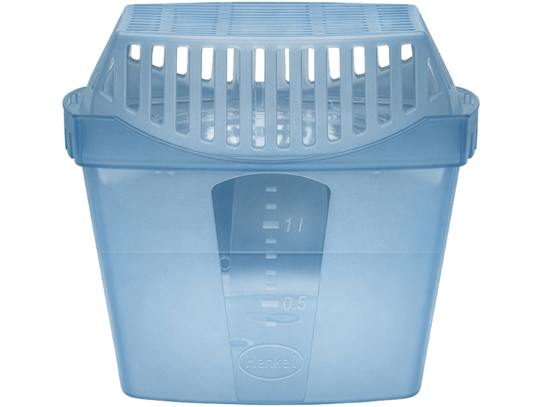 Desumidificador de ar azul com topo gradeado e indicadores de nível de 1 litro.