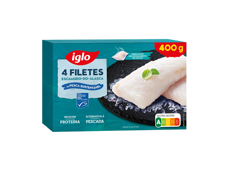 Embalagem de 4 filetes de escamudo-do-alasca 400g com certificação de pesca sustentável e Nutri-Score A.