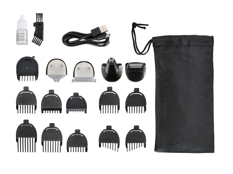 Kit de higiene com várias cabeças de corte, cabo de carregamento, óleo e bolsa de arrumação.