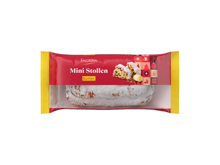 Mini Stollen com manteiga numa embalagem vermelha com motivos de Natal.