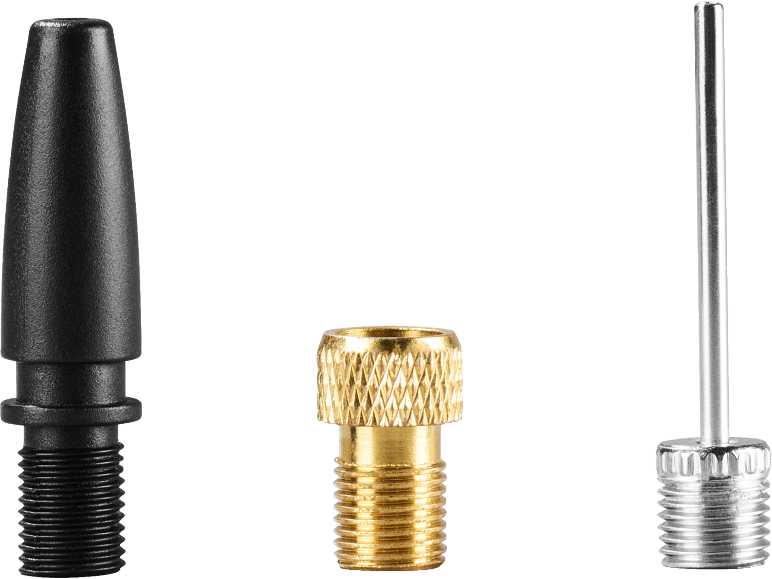 Conjunto de três adaptadores de bomba: plástico preto, latão e agulha prateada para inflar.