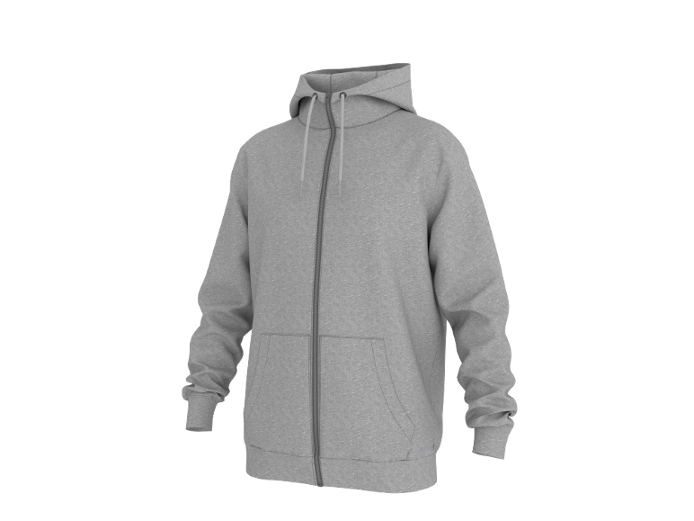 Hoodie cinzento masculino com fecho, capuz e bolsos.
