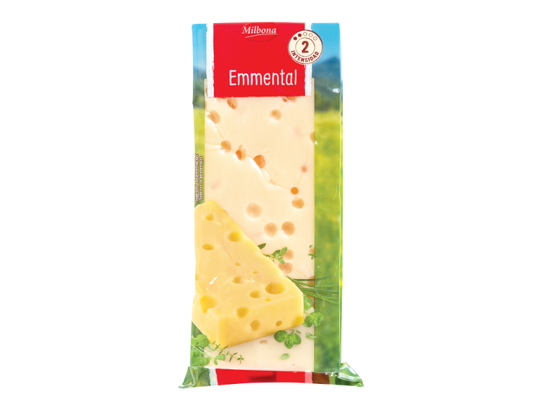 Queijo Emmental embalado com fatias e um pedaço, indicando intensidade 2.