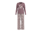Pijama feminino com camisola de manga comprida malva com texto 'SLEEP WELL' e calças estampadas.