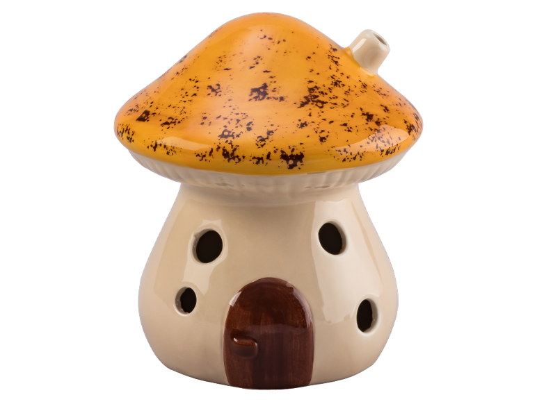 Difusor de aromas de cerâmica em forma de casa cogumelo com telhado laranja.