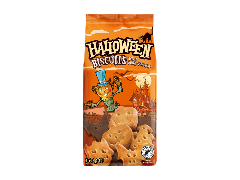 Saco laranja de biscoitos de Halloween com chocolate de leite, com espantalho e casa assombrada.