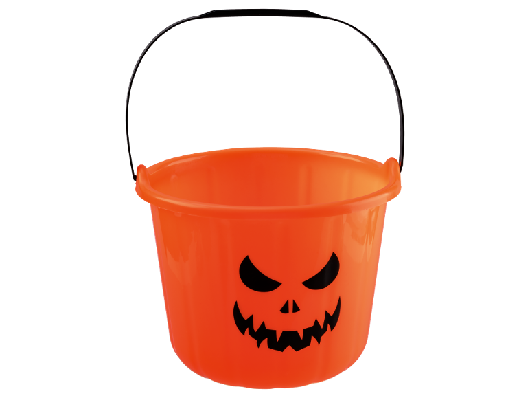 Balde laranja de Halloween com rosto de abóbora.