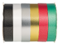 Rolos de fitas em várias cores: preto, branco, prata, dourado, vermelho e verde.