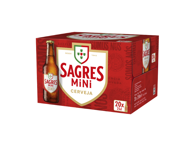 Caixa de cerveja Sagres Mini com 20 garrafas de 25cl.