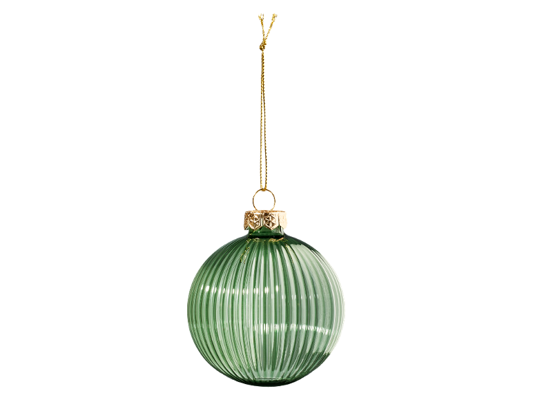 Bola de Natal de vidro verde canelado com tampa dourada e cordão.