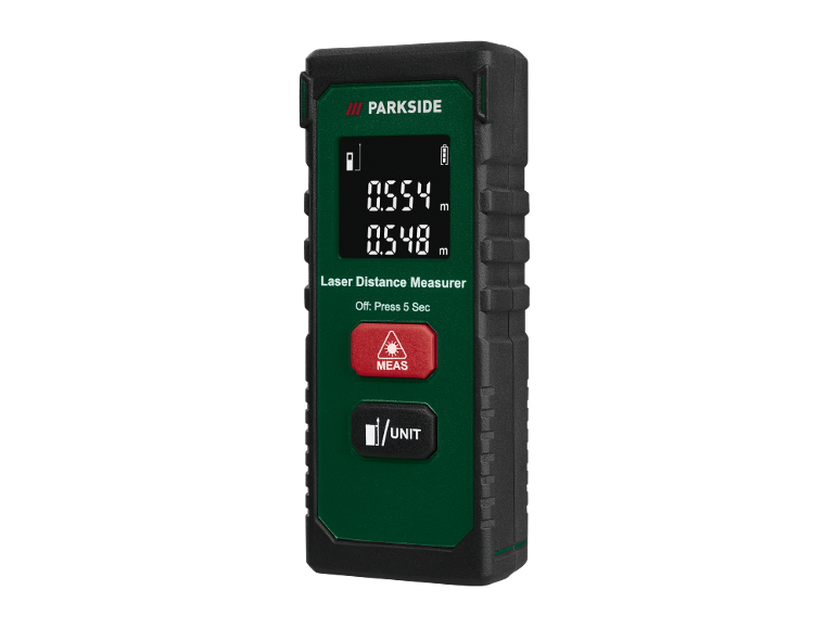 Medidor de distância a laser com display digital mostrando 0.554 m e 0.548 m.