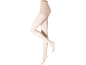 Collants transparentes cor de pele num manequim, destacando a área da perna e da anca.