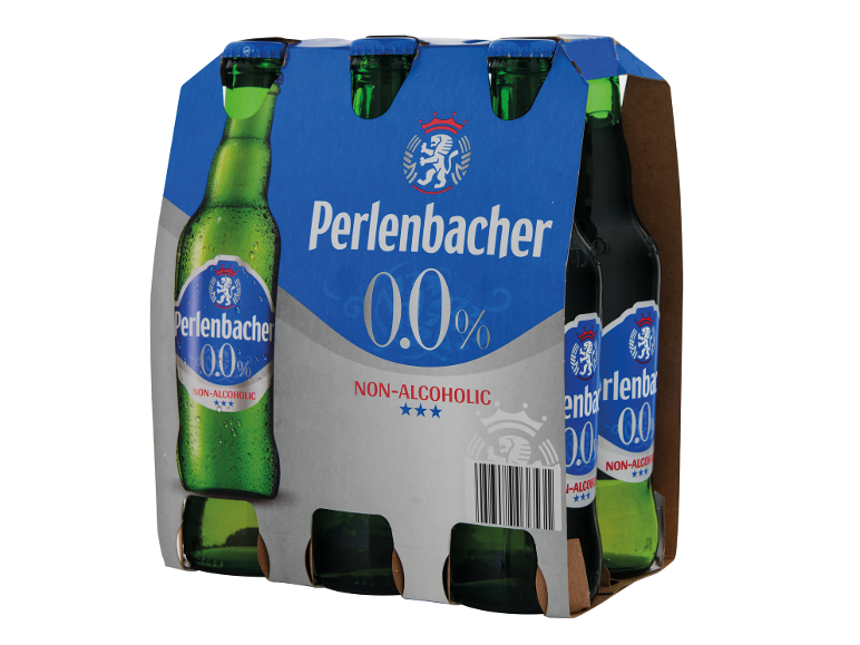 Pack de seis cervejas sem álcool em garrafas verdes com rótulos azuis.