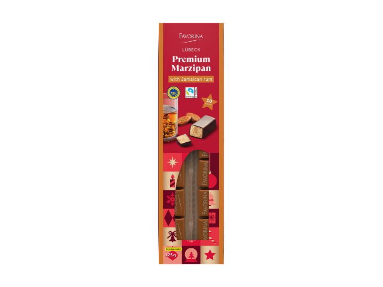 Maçapão Premium de Lübeck com rum jamaicano, 10 peças, 125 g, contém álcool.