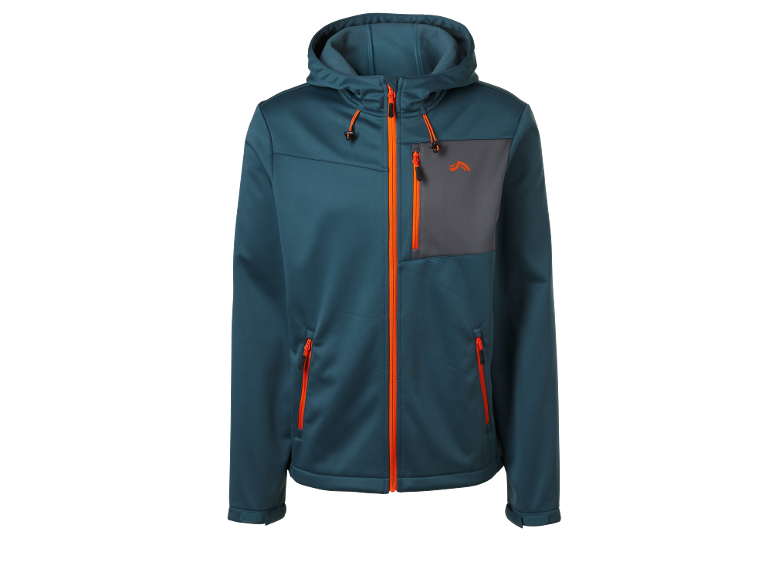 Casaco softshell masculino azul-esverdeado com fechos e detalhes laranja.