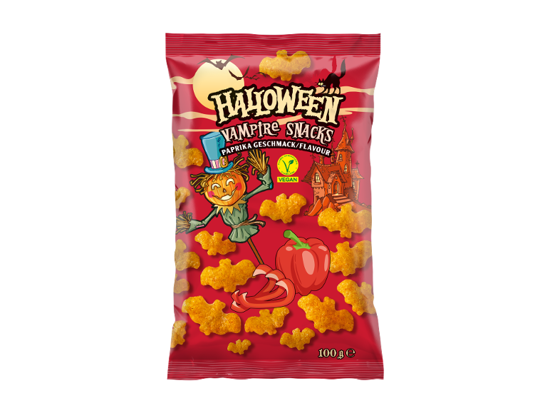 Embalagem vermelha de snacks de vampiro de Halloween, sabor a paprika e vegan.