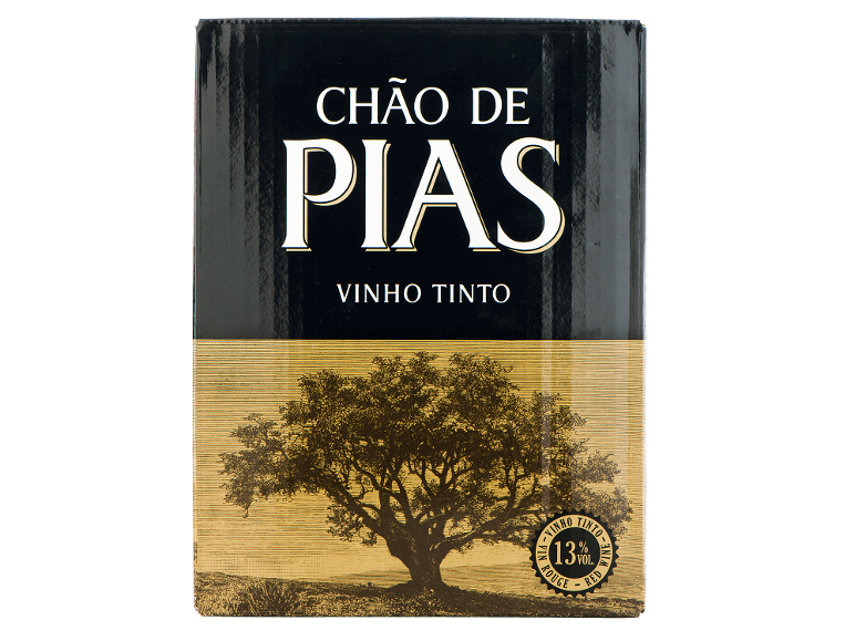 Caixa de vinho tinto com uma árvore e 13% de álcool.