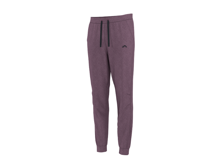 Calças de fato de treino roxas masculinas com cordões pretos e logótipo discreto.