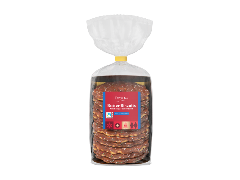 Pacote de biscoitos de manteiga com chocolate de leite e decoração de açúcar.
