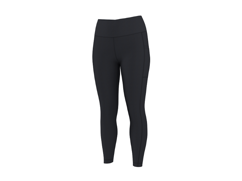 Leggings desportivas femininas cinzento-escuras com bolsos laterais.